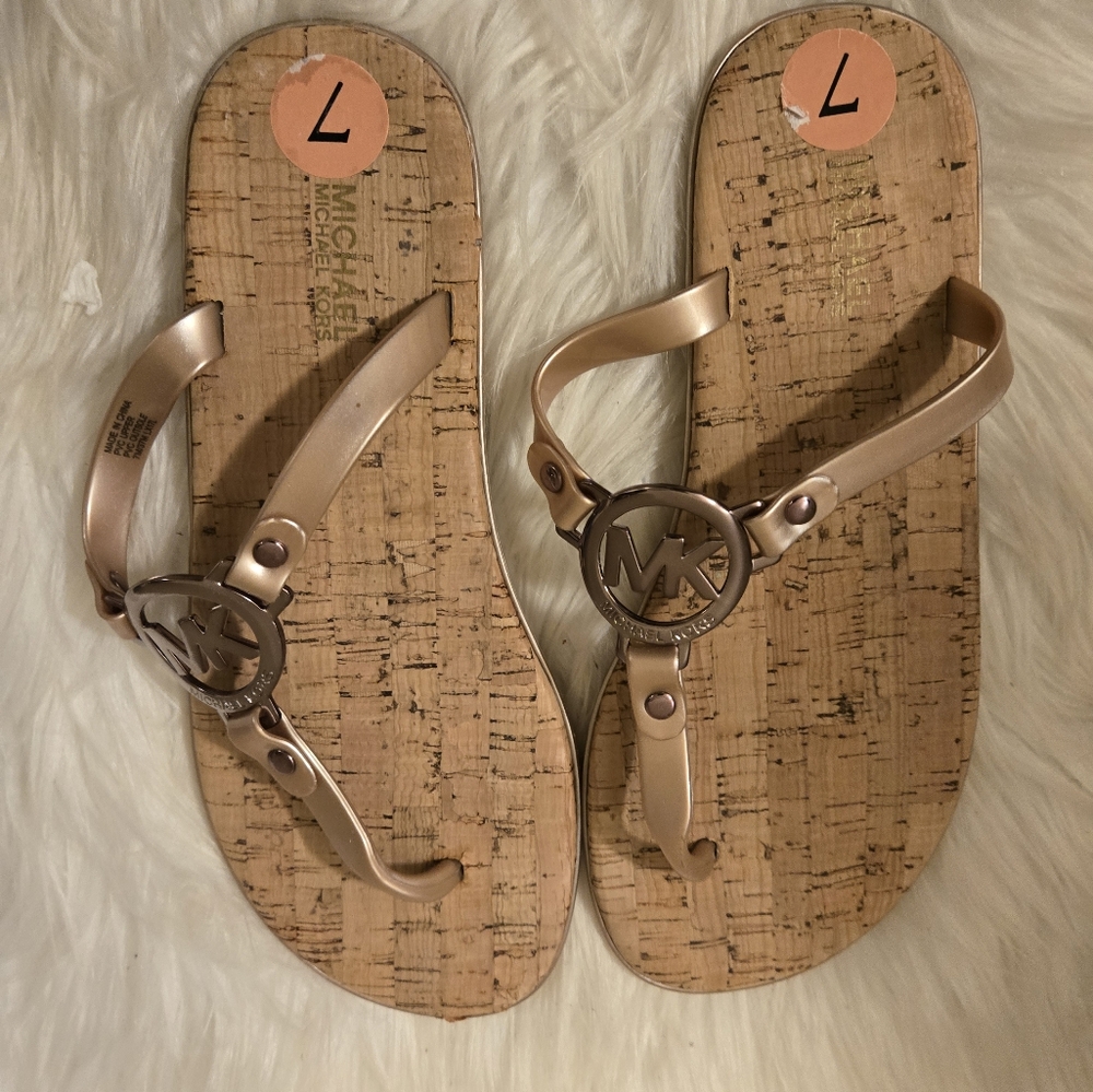Women's Michael Kors MK Charm Jelly PVC Cork Bottom Flip Flops Silver Size 7 M